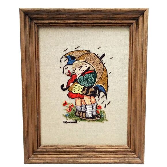 Hummel Other - VTG HUMMEL Stormy Weather Crewel Embroidered Framed Art Boy Girl Rain Umbrella